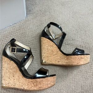 Jimmy Choo Black Patent Leather Cork Wedges